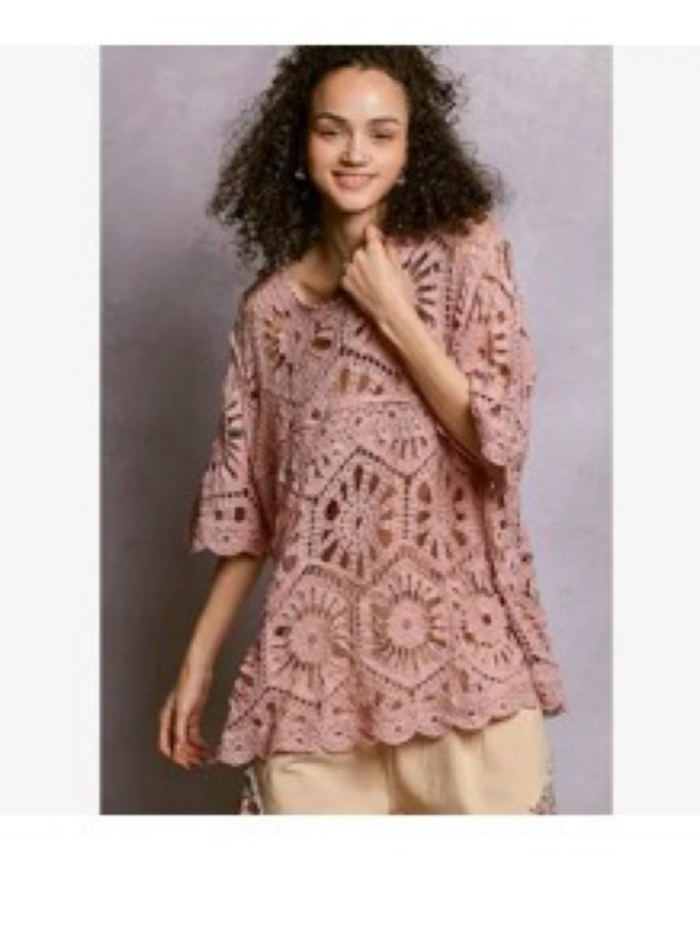 POL Crochet Lace Tunic Top in Dusty Pink